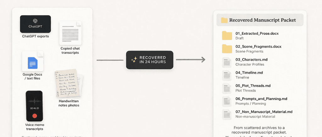 Diagram showing scattered notes and chat exports becoming a recovered manuscript packet in 24 hours.
